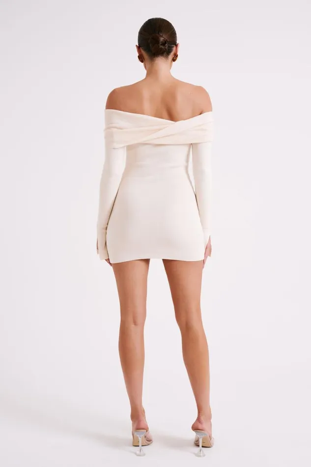 Meshki Mini Dresses Women Clover Off Shoulder Knit Mini Dress 8211 Cream Cream