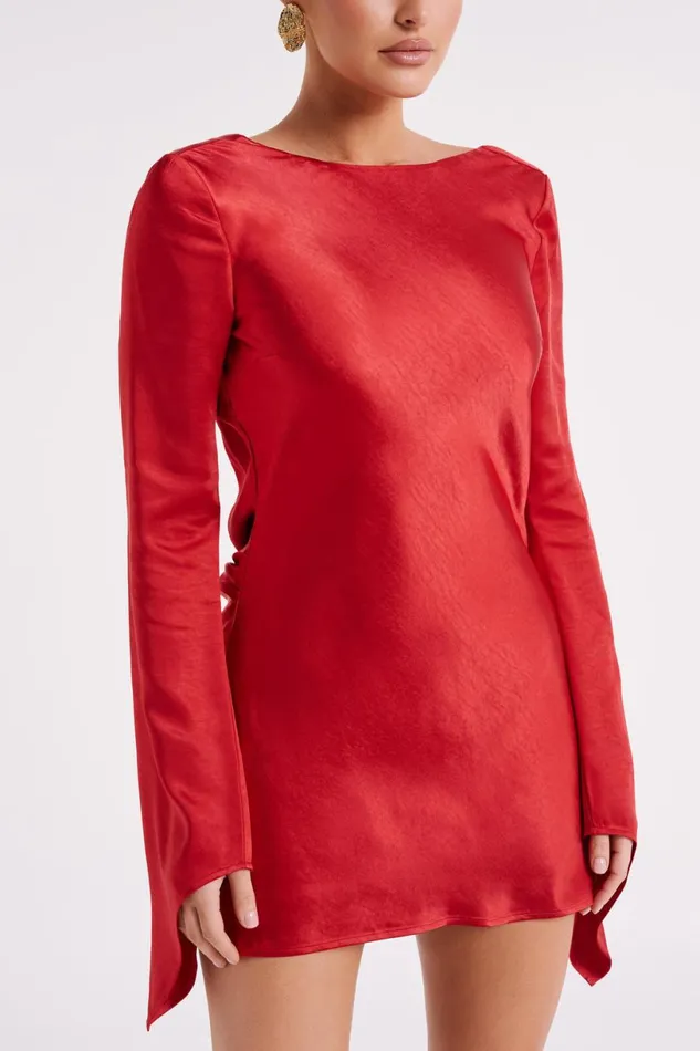 Meshki Mini Dresses Women Davina Satin Long Sleeve Mini Dress 8211 Red Red