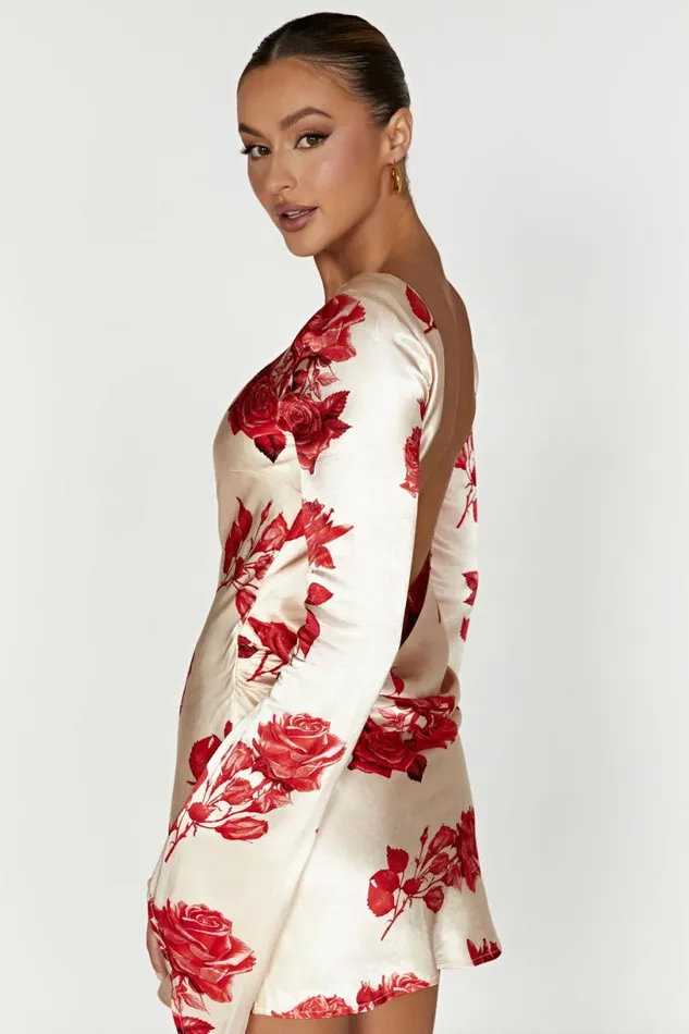 Meshki Mini Dresses Women Davina Satin Long Sleeve Mini Dress 8211 Rose Print Roseprint Meshki Mini Dresses Women Davina Satin Long Sleeve Mini Dress 8211 Rose Print Roseprint