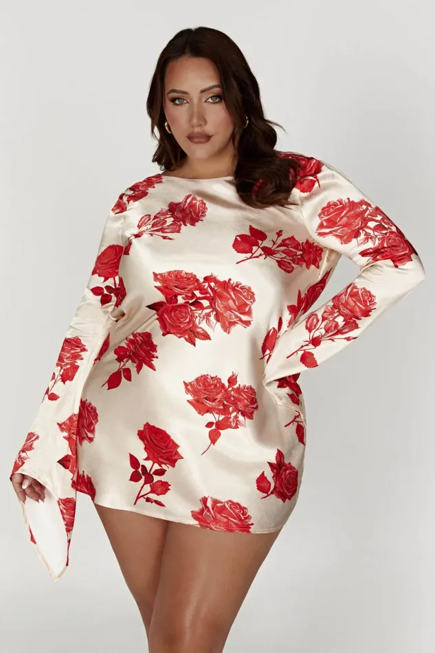 Meshki Mini Dresses Women Davina Satin Long Sleeve Mini Dress 8211 Rose Print Roseprint
