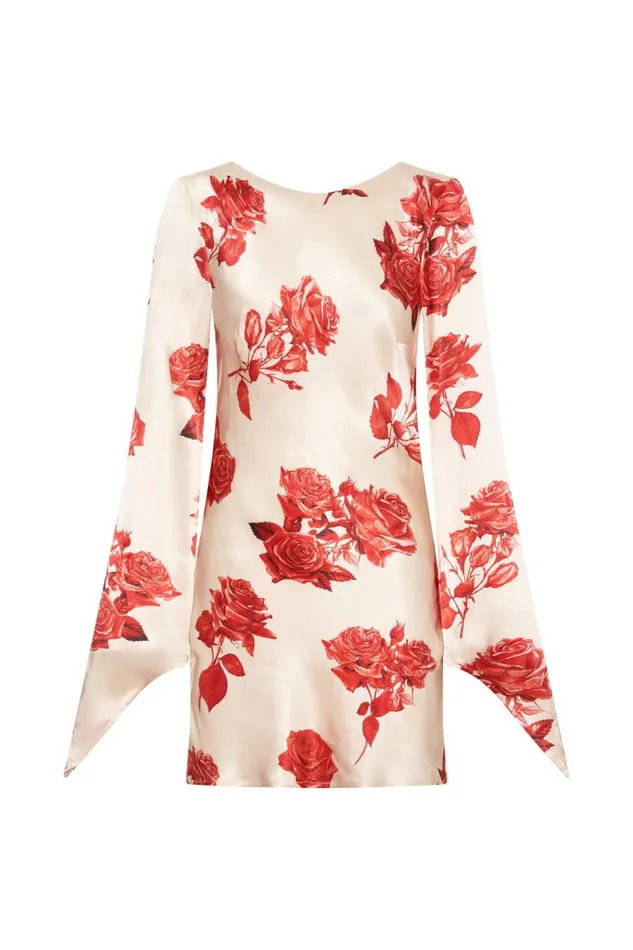 Meshki Mini Dresses Women Davina Satin Long Sleeve Mini Dress 8211 Rose Print Roseprint