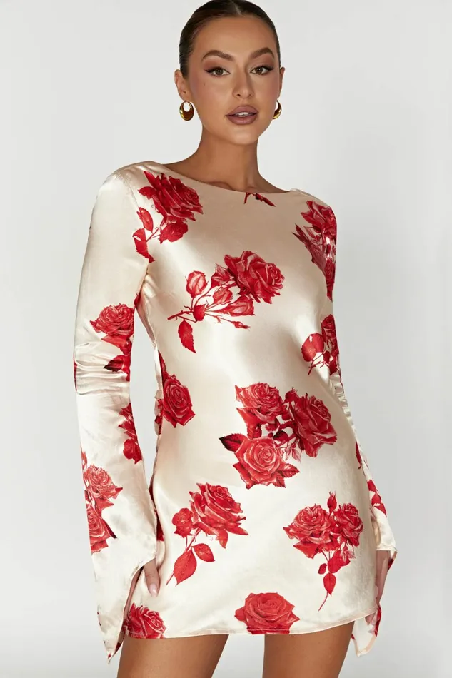 Meshki Mini Dresses Women Davina Satin Long Sleeve Mini Dress 8211 Rose Print Roseprint