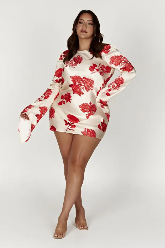 Meshki Mini Dresses Women Davina Satin Long Sleeve Mini Dress 8211 Rose Print Roseprint