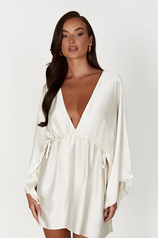 Meshki Mini Dresses Women Esmerlda Pleated Kimono Mini Dress 8211 Ivory Ivory