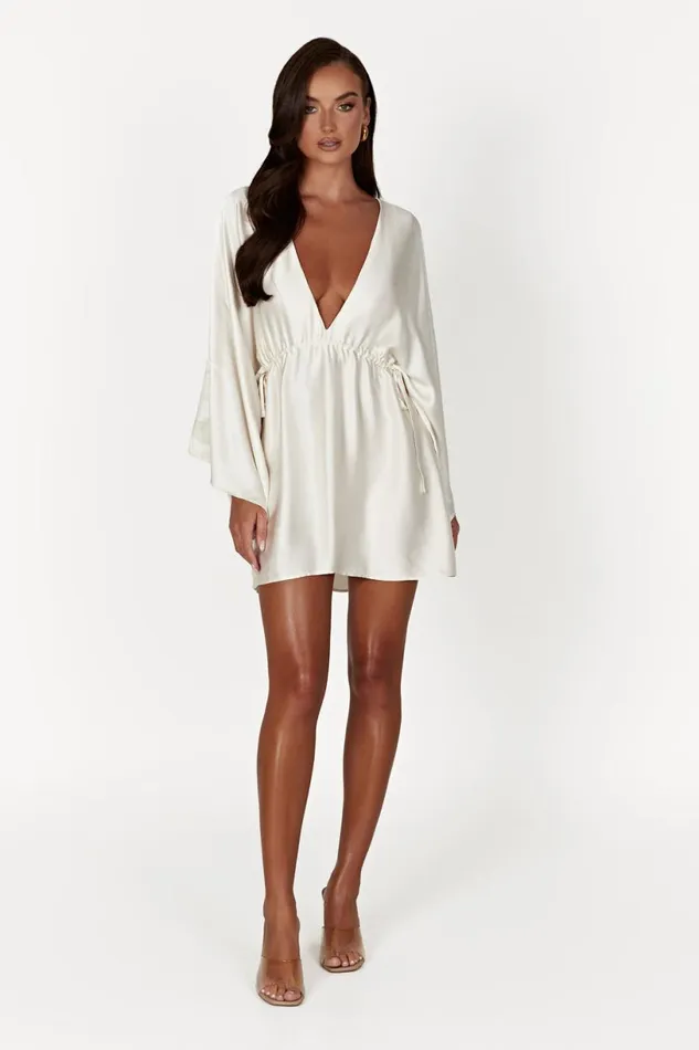 Meshki Mini Dresses Women Esmerlda Pleated Kimono Mini Dress 8211 Ivory Ivory