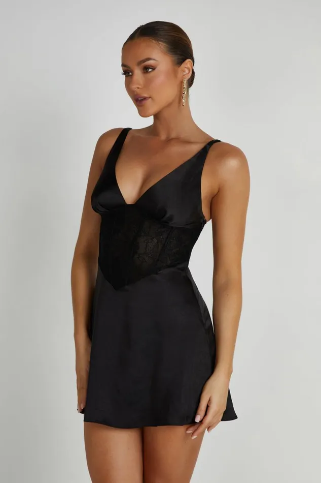Meshki Mini Dresses Women Kerrie Mini Halter Satin And Lace Dress 8211 Black Black