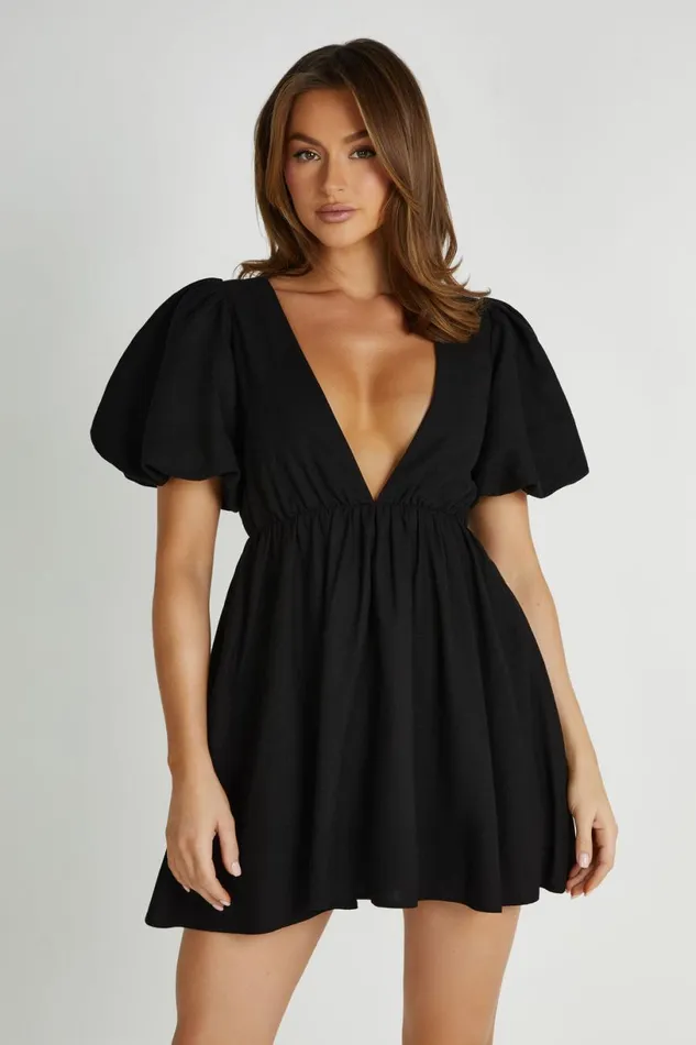Meshki Mini Dresses Women Myrah Puff Sleeve Linen Mini Dress 8211 Black Black Meshki Mini Dresses Women Myrah Puff Sleeve Linen Mini Dress 8211 Black Black