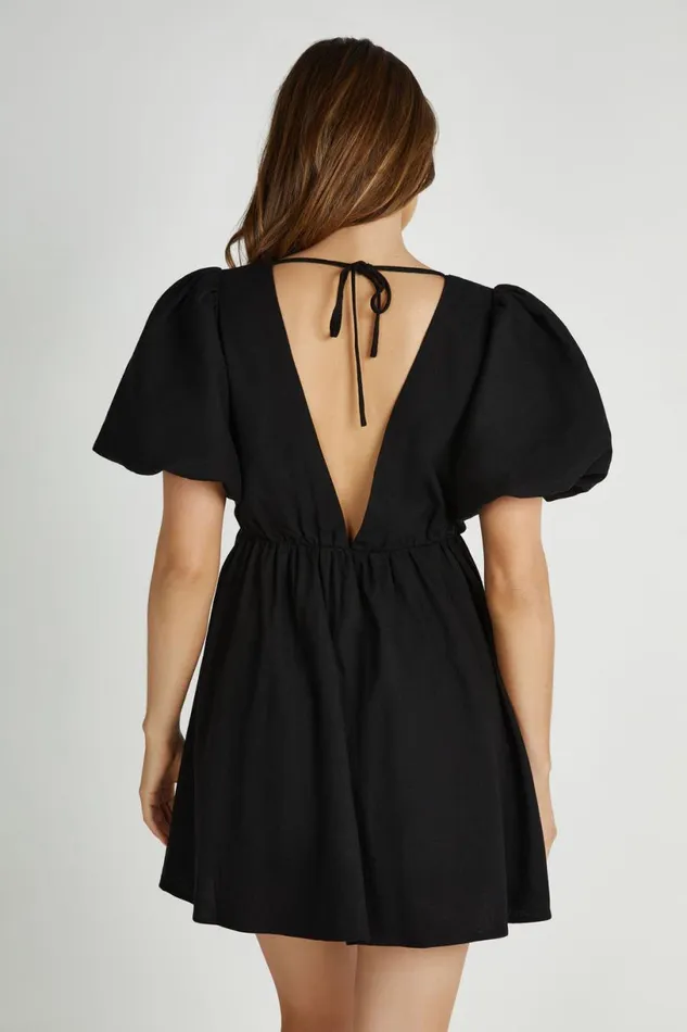 Meshki Mini Dresses Women Myrah Puff Sleeve Linen Mini Dress 8211 Black Black