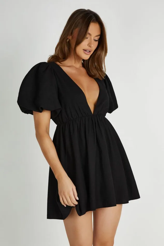 Meshki Mini Dresses Women Myrah Puff Sleeve Linen Mini Dress 8211 Black Black