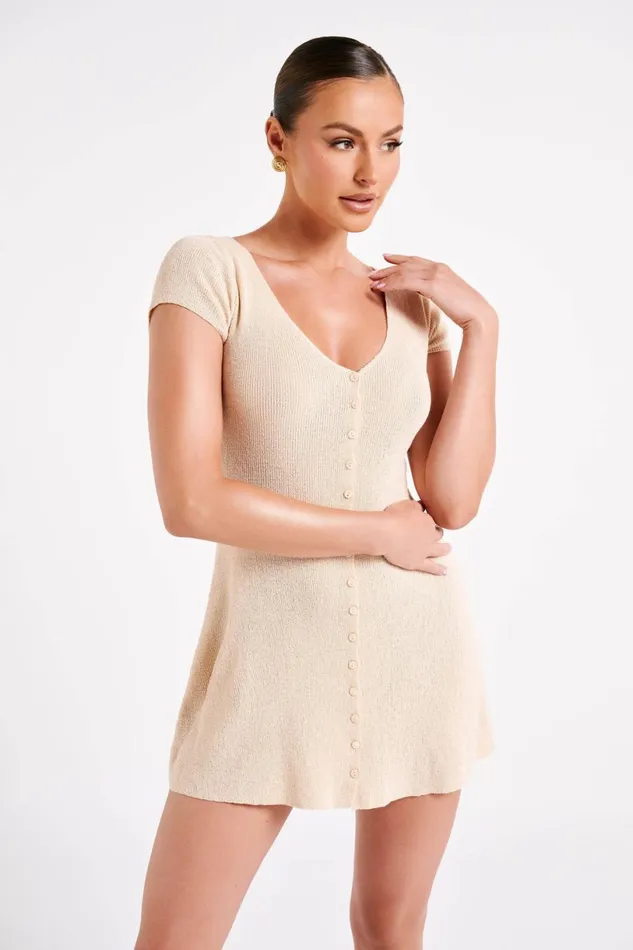 Meshki Mini Dresses Women Paula Buttoned Knit Mini Dress 8211 Wheat Wheat