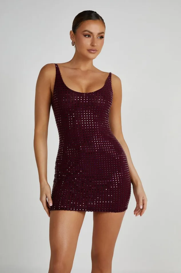 Meshki Mini Dresses Women Presley Square Diamante Mini Dress 8211 Berry Berry
