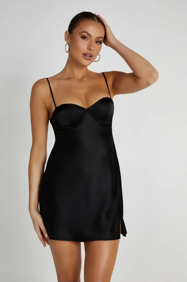 Meshki Mini Dresses Women Zahli Top Stitch Satin Mini Dress 8211 Black Black