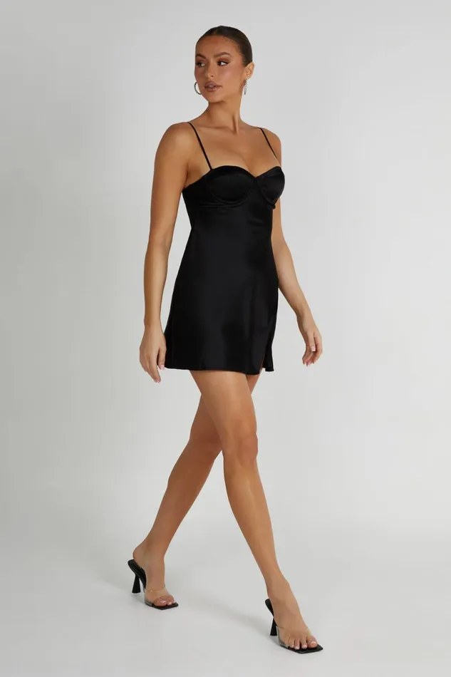 Meshki Mini Dresses Women Zahli Top Stitch Satin Mini Dress 8211 Black Black