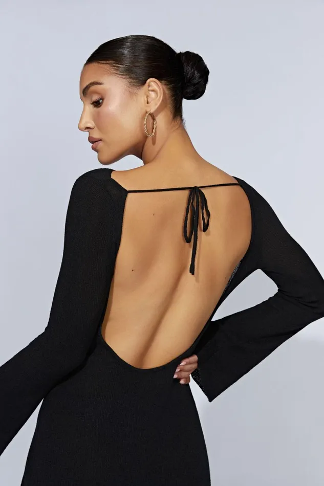 Meshki Mini Dresses Women Zahra Long Sleeve Open Back Mini Knit Dress 8211 Black Black