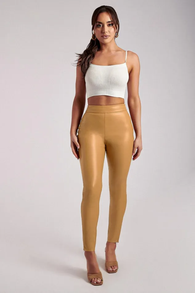 Meshki Pants Women Shayla Skinny Faux Leather Split Pant 8211 Tan Tan