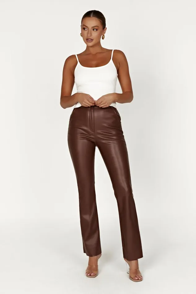 Meshki Pants Women Tyra Straight Leg Faux Leather Pants 8211 Chocolate Chocolate