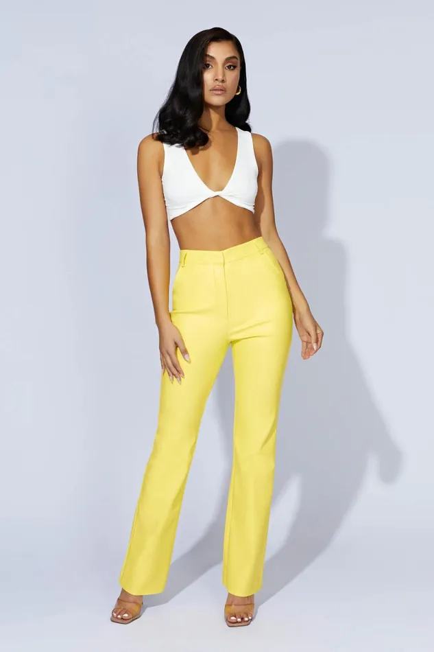 Meshki Pants Women Tyra Straight Leg Faux Leather Pants 8211 Lemon Lemon