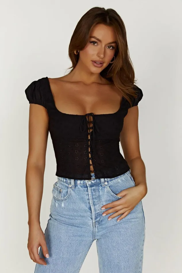 Meshki Short Sleeve Tops Women Cressida Cotton Anglaise Puff Sleeve Top 8211 Black Black Meshki Short Sleeve Tops Women Cressida Cotton Anglaise Puff Sleeve Top 8211 Black Black
