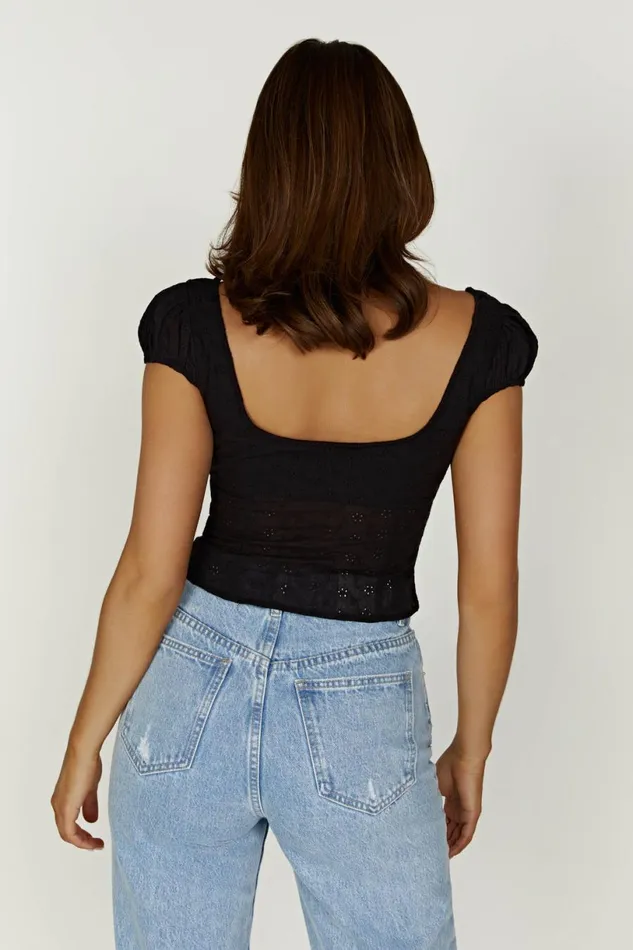 Meshki Short Sleeve Tops Women Cressida Cotton Anglaise Puff Sleeve Top 8211 Black Black