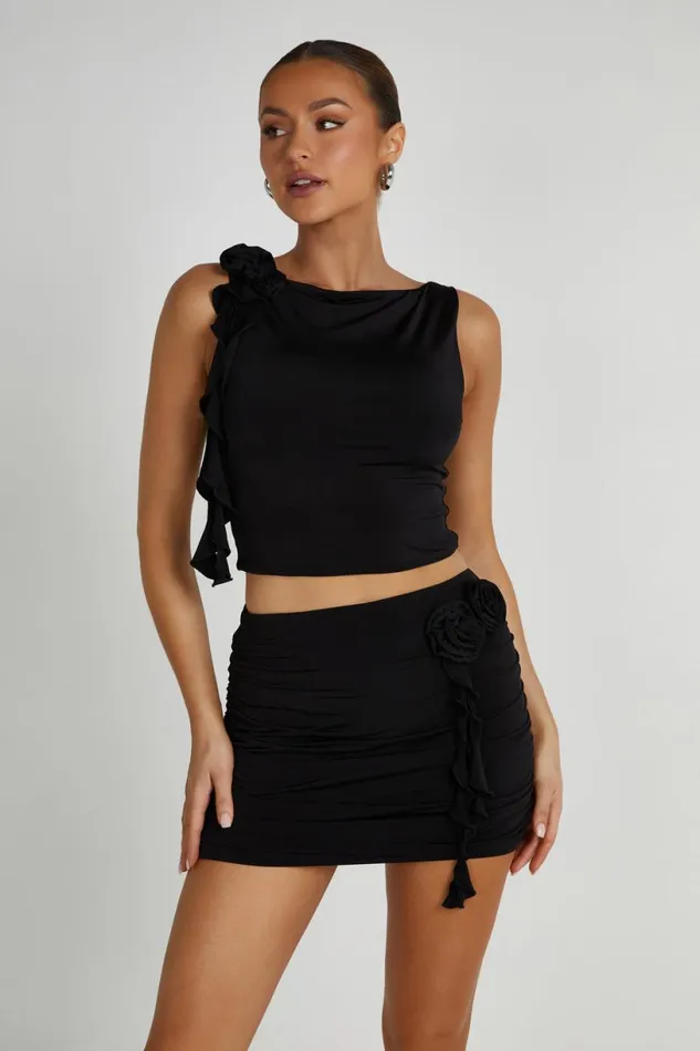 Meshki Skirts Women Brydee Ruched Rose Mini Skirt 8211 Black Black