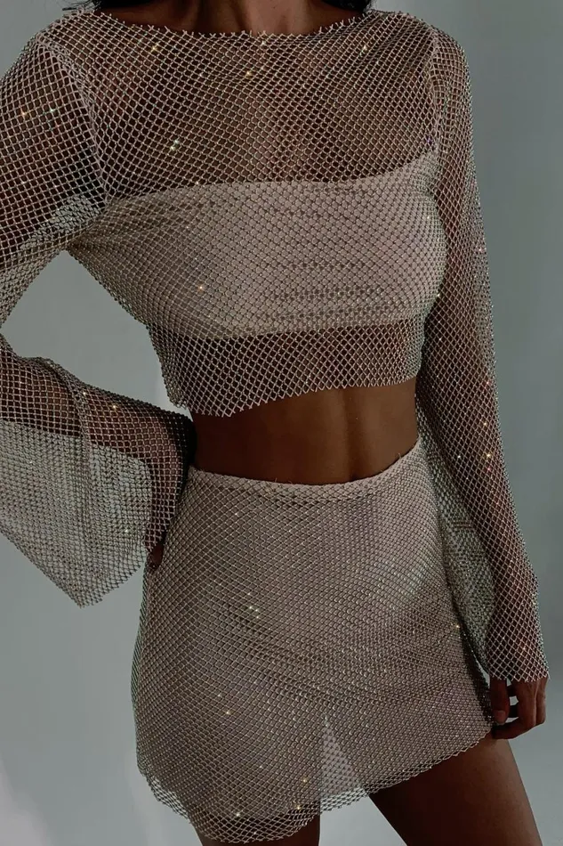 Meshki Skirts Women Hilton Diamante Mesh Mini Skirt 8211 Cream Cream