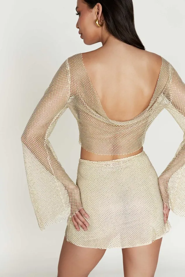 Meshki Skirts Women Hilton Diamante Mesh Mini Skirt 8211 Cream Cream