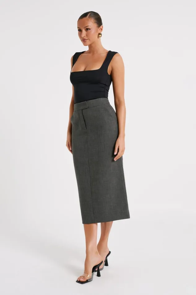 Meshki Skirts Women Marcie Textured Suiting Midi Skirt 8211 Charcoal Charcoal