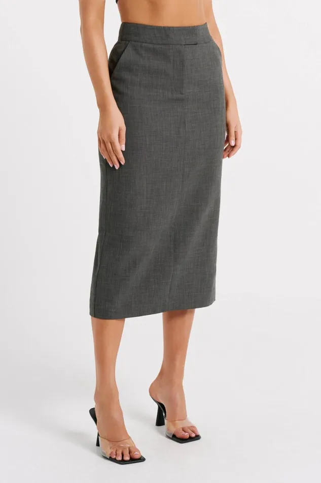 Meshki Skirts Women Marcie Textured Suiting Midi Skirt 8211 Charcoal Charcoal