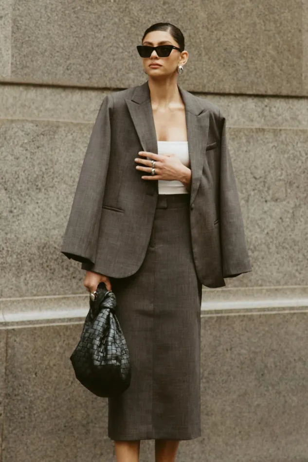 Meshki Skirts Women Marcie Textured Suiting Midi Skirt 8211 Charcoal Charcoal