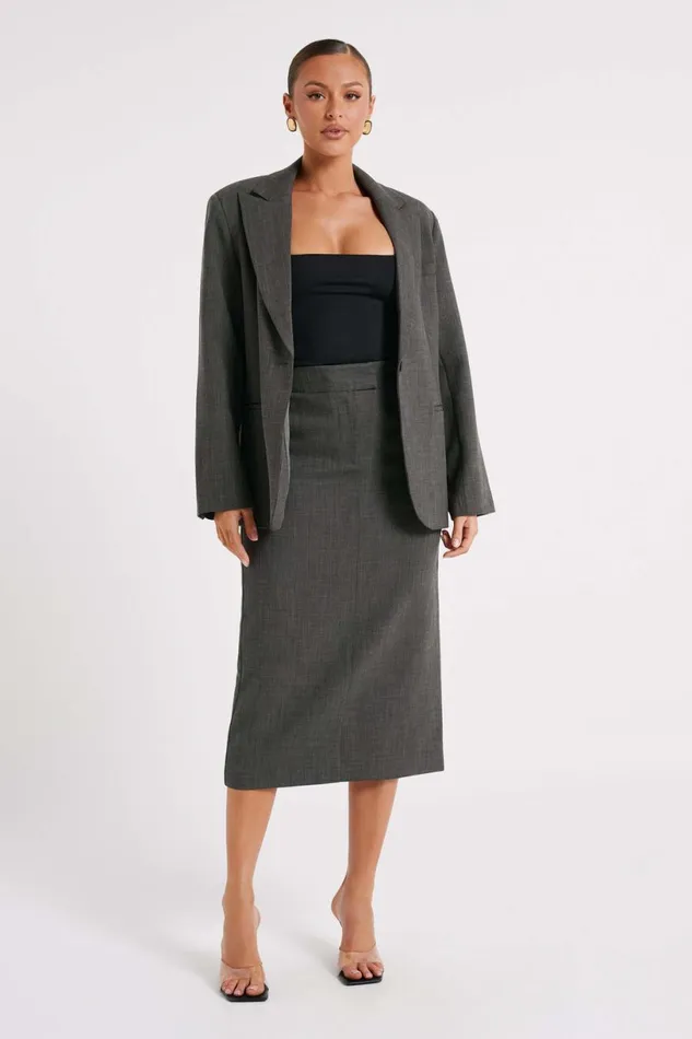 Meshki Skirts Women Marcie Textured Suiting Midi Skirt 8211 Charcoal Charcoal