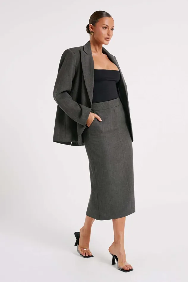 Meshki Skirts Women Marcie Textured Suiting Midi Skirt 8211 Charcoal Charcoal