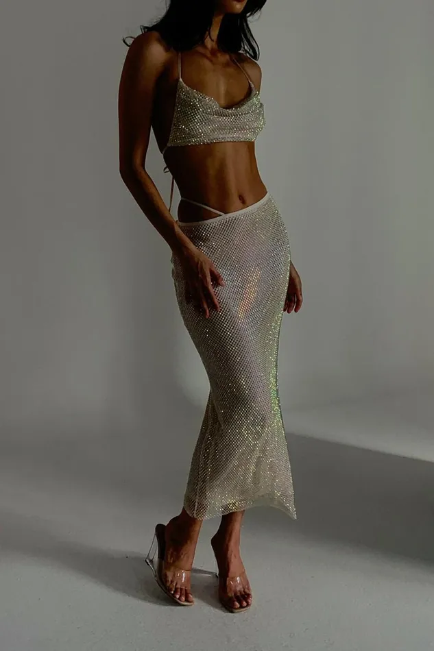 Meshki Skirts Women Rayne Mesh Diamante Midi Skirt 8211 Cream Cream