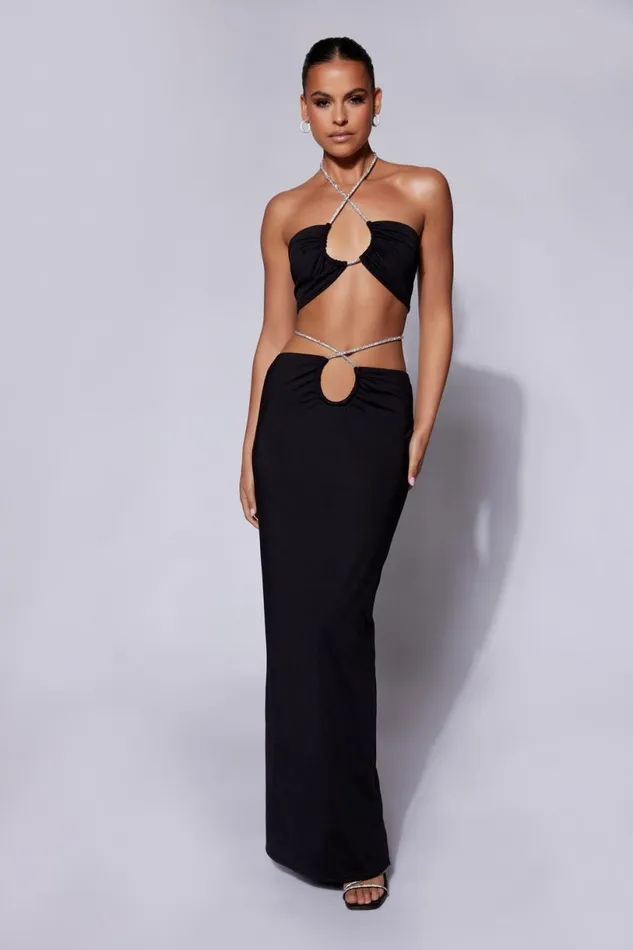 Meshki Skirts Women Ruby Diamante Rope Ruched Maxi Skirt 8211 Black Black