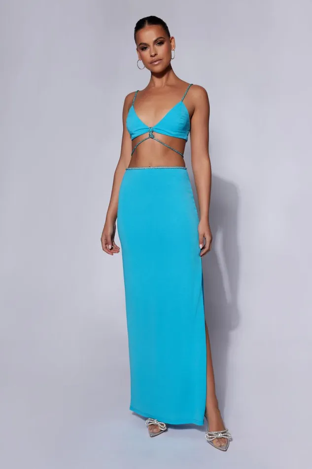 Meshki Skirts Women Sweeney Diamante Maxi Skirt With Split 8211 Cyan Blue Cyanblue Meshki Skirts Women Sweeney Diamante Maxi Skirt With Split 8211 Cyan Blue Cyanblue