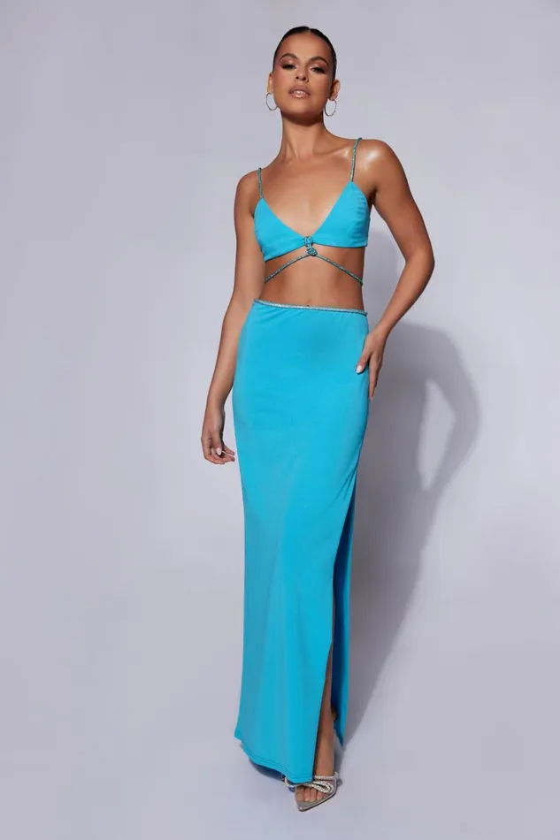 Meshki Skirts Women Sweeney Diamante Maxi Skirt With Split 8211 Cyan Blue Cyanblue Meshki Skirts Women Sweeney Diamante Maxi Skirt With Split 8211 Cyan Blue Cyanblue