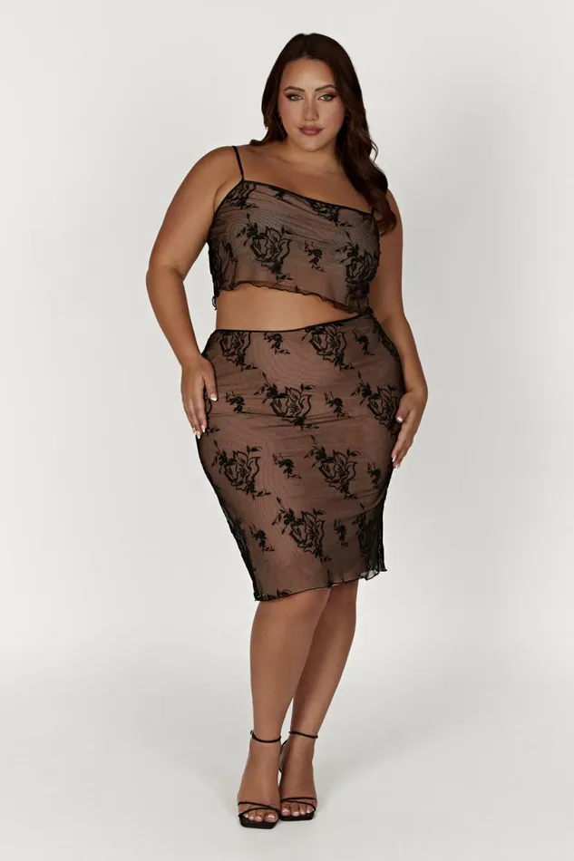 Meshki Skirts Women Xena Embroidered Mesh Midi Skirt 8211 Black Black