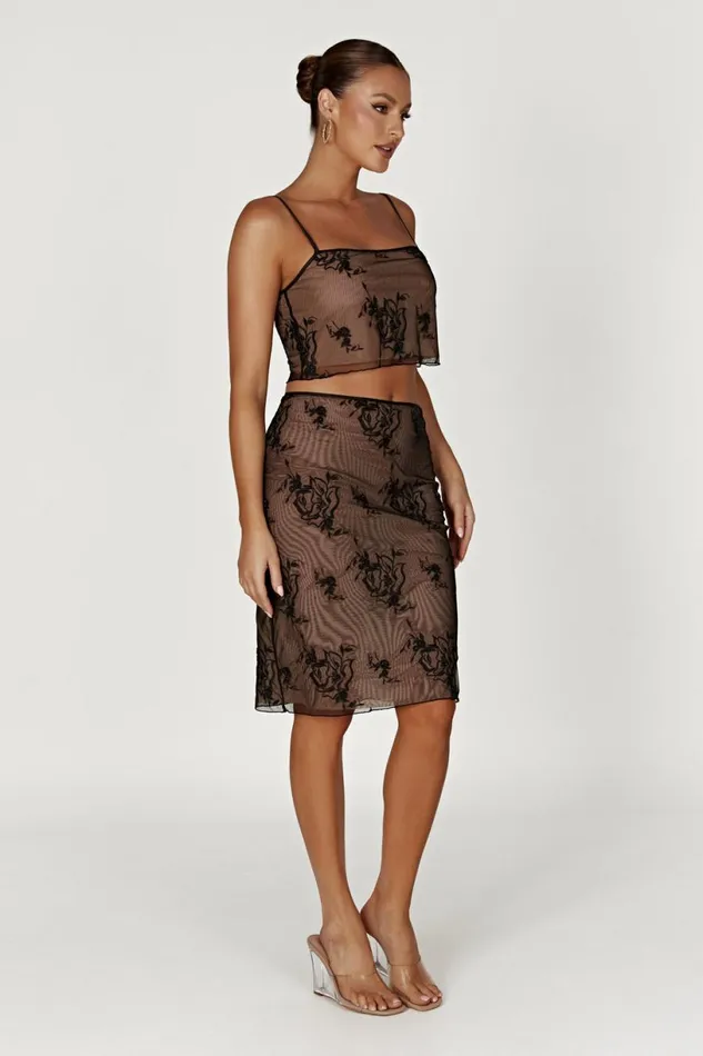 Meshki Skirts Women Xena Embroidered Mesh Midi Skirt 8211 Black Black