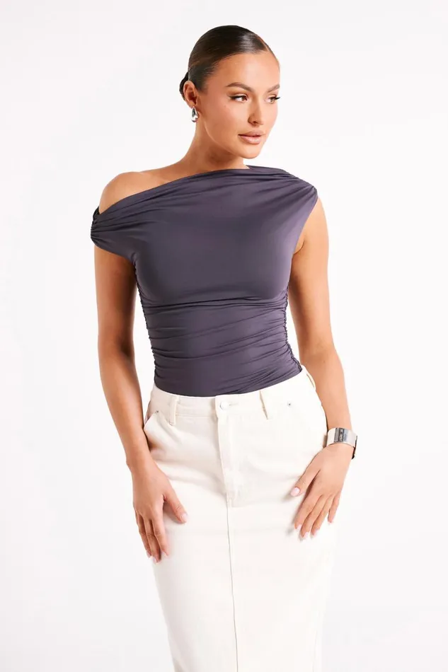 Meshki Sleeveless Tops Women Alayna Recycled Nylon Ruched Top 8211 Charcoal Charcoal