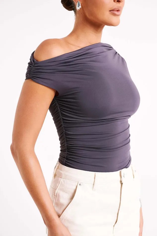 Meshki Sleeveless Tops Women Alayna Recycled Nylon Ruched Top 8211 Charcoal Charcoal