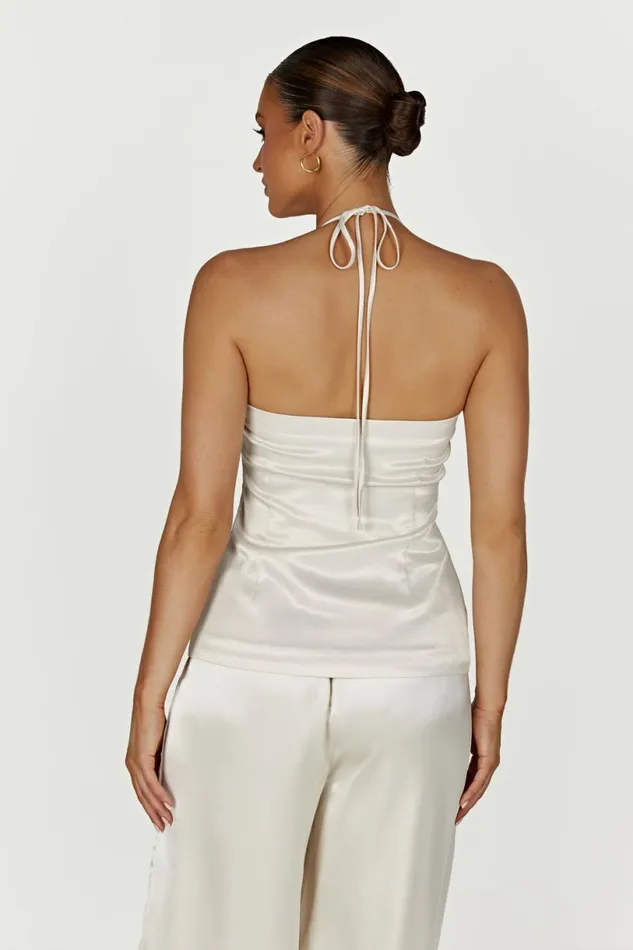 Meshki Sleeveless Tops Women Noemi Longline Satin Halter Neck Top 8211 Ivory Ivory