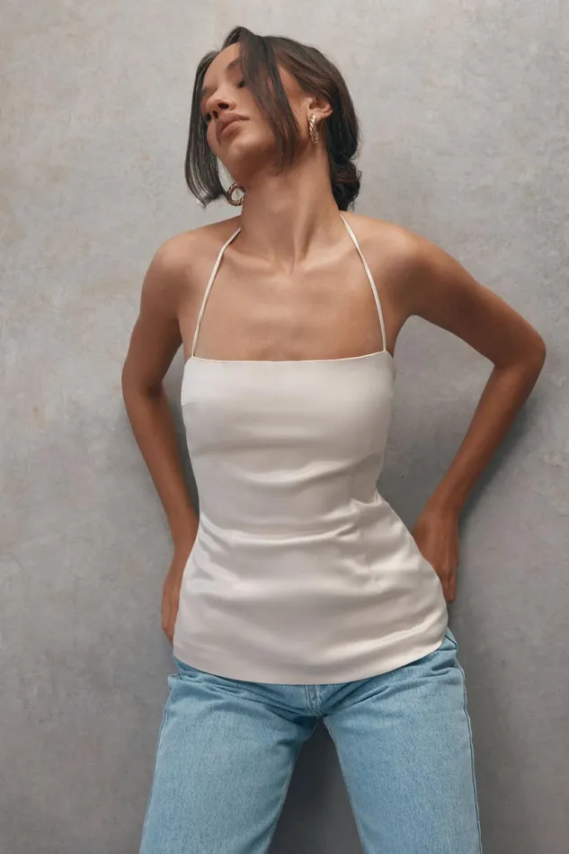 Meshki Sleeveless Tops Women Noemi Longline Satin Halter Neck Top 8211 Ivory Ivory