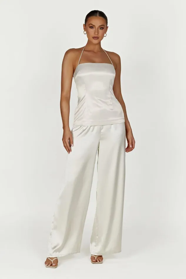 Meshki Sleeveless Tops Women Noemi Longline Satin Halter Neck Top 8211 Ivory Ivory