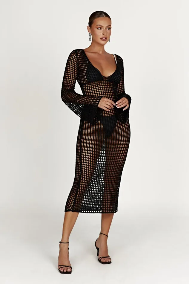 Meshki Summer Dresses Women Murphy Long Sleeve Crochet Maxi Dress 8211 Black Black