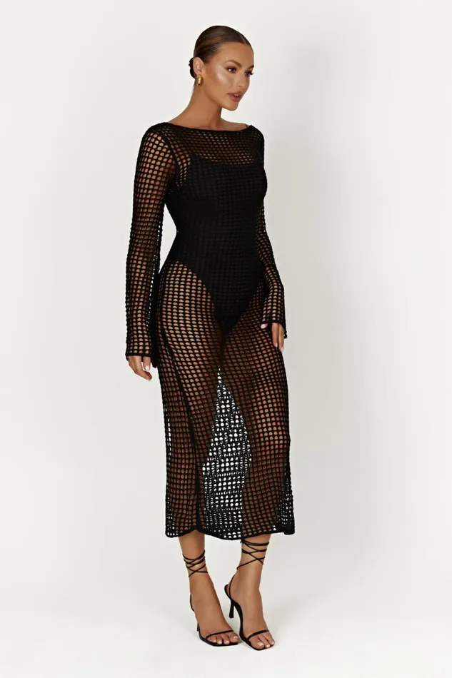 Meshki Summer Dresses Women Murphy Long Sleeve Crochet Maxi Dress 8211 Black Black