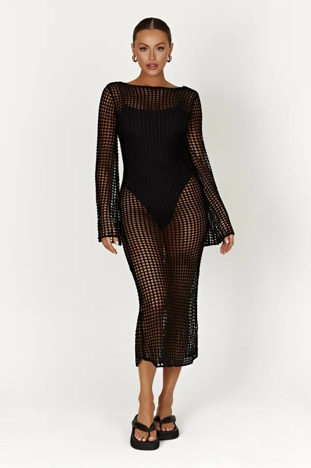 Meshki Summer Dresses Women Murphy Long Sleeve Crochet Maxi Dress 8211 Black Black