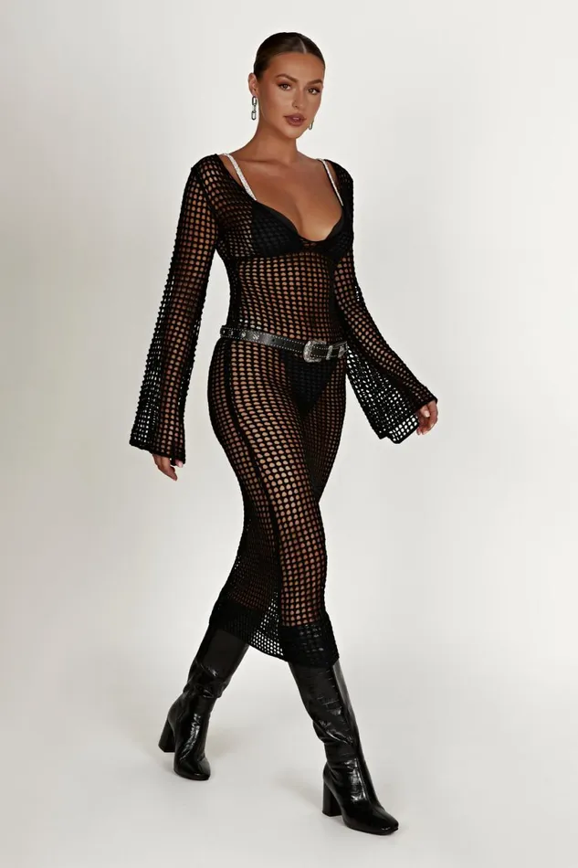 Meshki Summer Dresses Women Murphy Long Sleeve Crochet Maxi Dress 8211 Black Black
