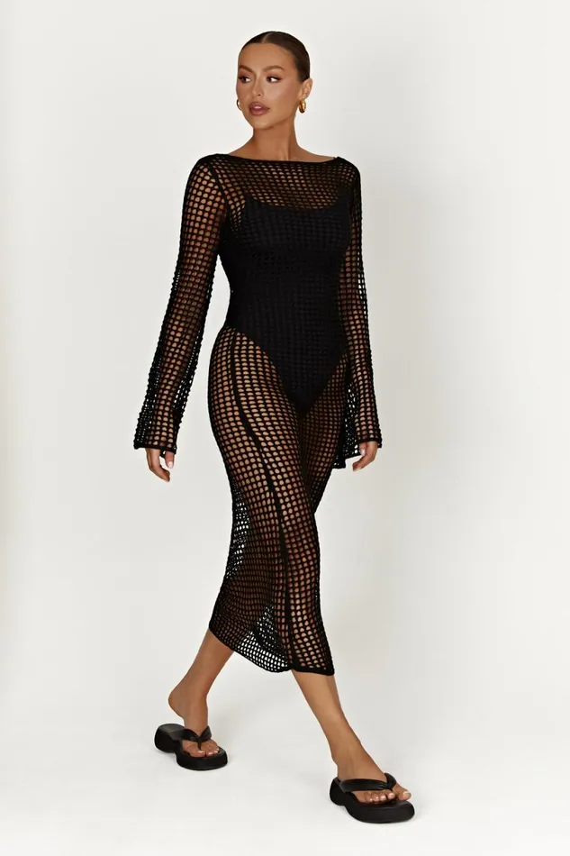 Meshki Summer Dresses Women Murphy Long Sleeve Crochet Maxi Dress 8211 Black Black