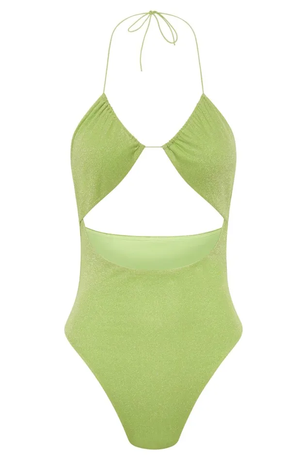 Meshki Swimwear Women Olivia One Piece Halter Swimsuit 8211 Lime Sparkle Limesparkle