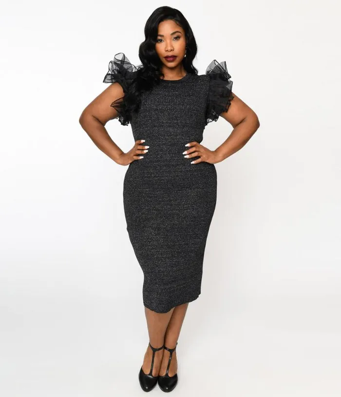 Metallic Black Ruffle Sleeved Knit Midi Wiggle Dress DressesPlus Unique Vintage Pencil Metallic Black Ruffle Sleeved Knit Midi Wiggle Dress DressesPlus Unique Vintage Pencil