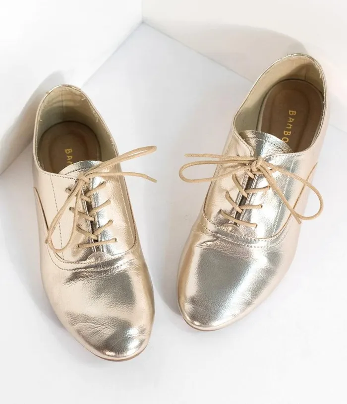Metallic Gold Classic Lace Up Flats Shoes Unique Vintage Flats